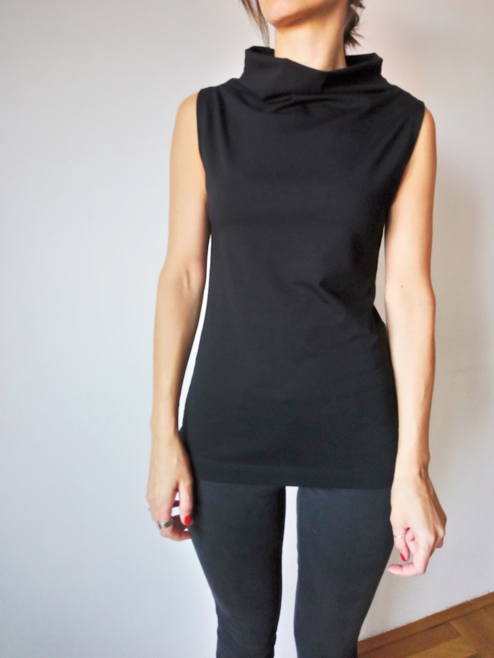 NEW Code Woman Sleeveless Black Cowl High Neck Top - Minimalist